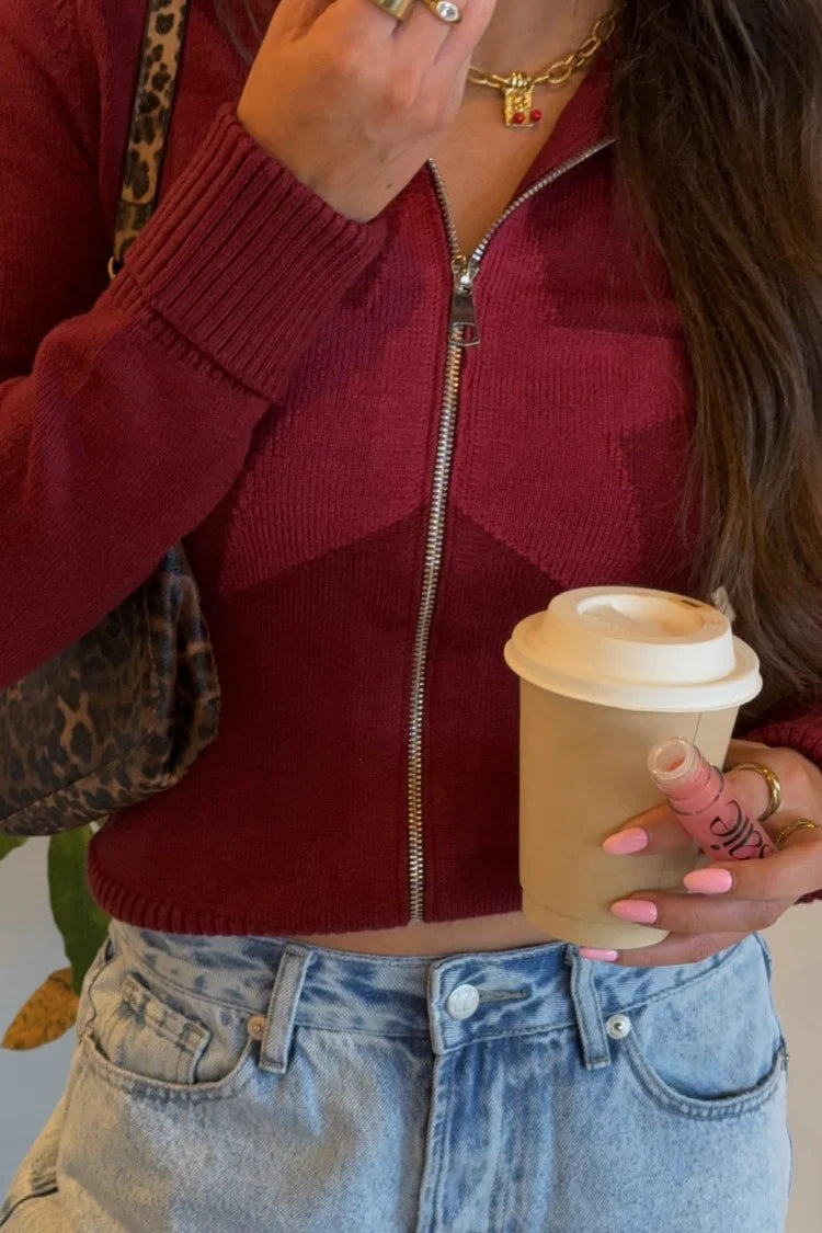 Groove Burgundy Star Zip Up Knit Sweater