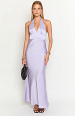 Front view of a purple satin halter neck maxi dress with a ruched V-neck bust and empire waist