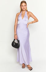 Front view of a purple satin halter neck maxi dress with a wide underbust band