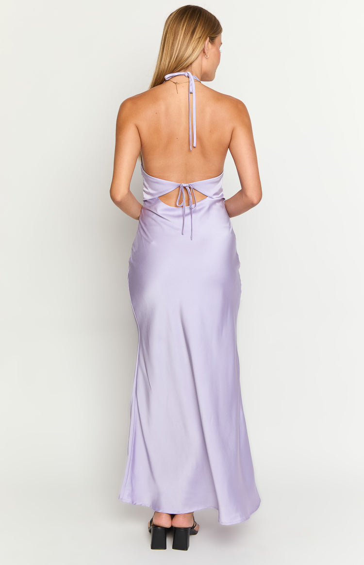 Rear view of a purple satin maxi dress with a halter neck tie and open back with tie closure