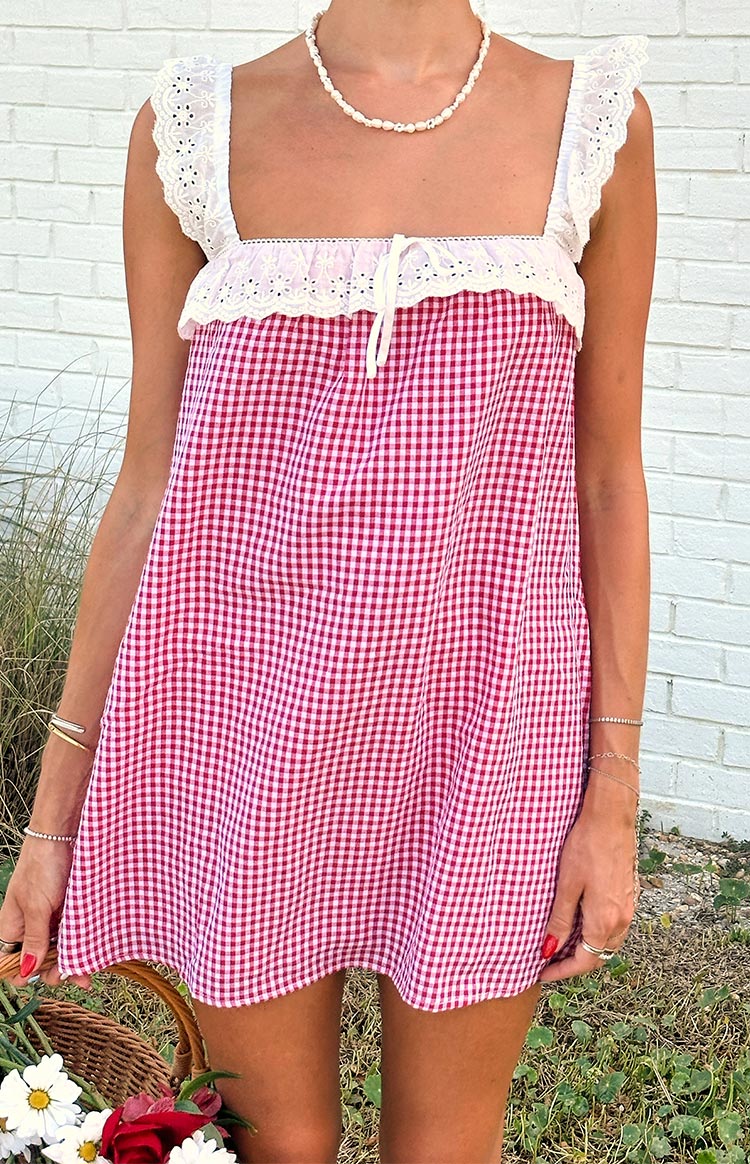 Harry Red Gingham Lace Mini Dress | Beginning Boutique US