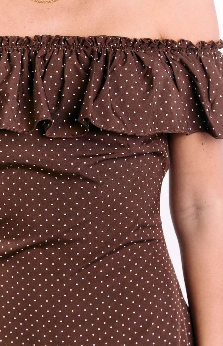 river island brown polka dot dress Haylie Off Shoulder Mini - US 10 Mesh A Complete Guide to Size:PL The dress is fully