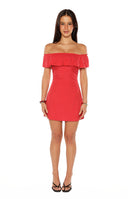 Beginning Boutique Haylie Red Polka Dot Off Shoulder Mini Dress red mini dress with white polka dots, an off-shoulder ruffled neckline, and a fitted silhouette