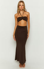 Chocolate brown ruched high-waisted maxi skirt with a fitted silhouette