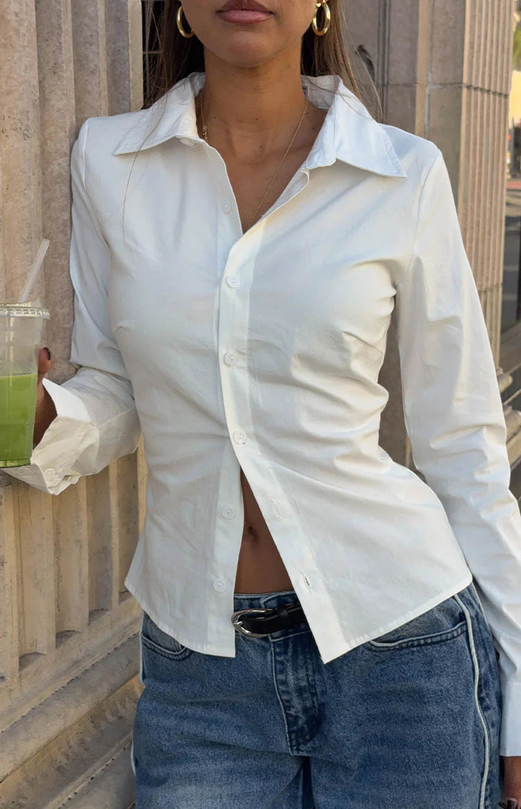 Beginning Boutique Helen White Fitted Long Sleeve Shirt white collared button-front shirt with long sleeves and a fitted silh