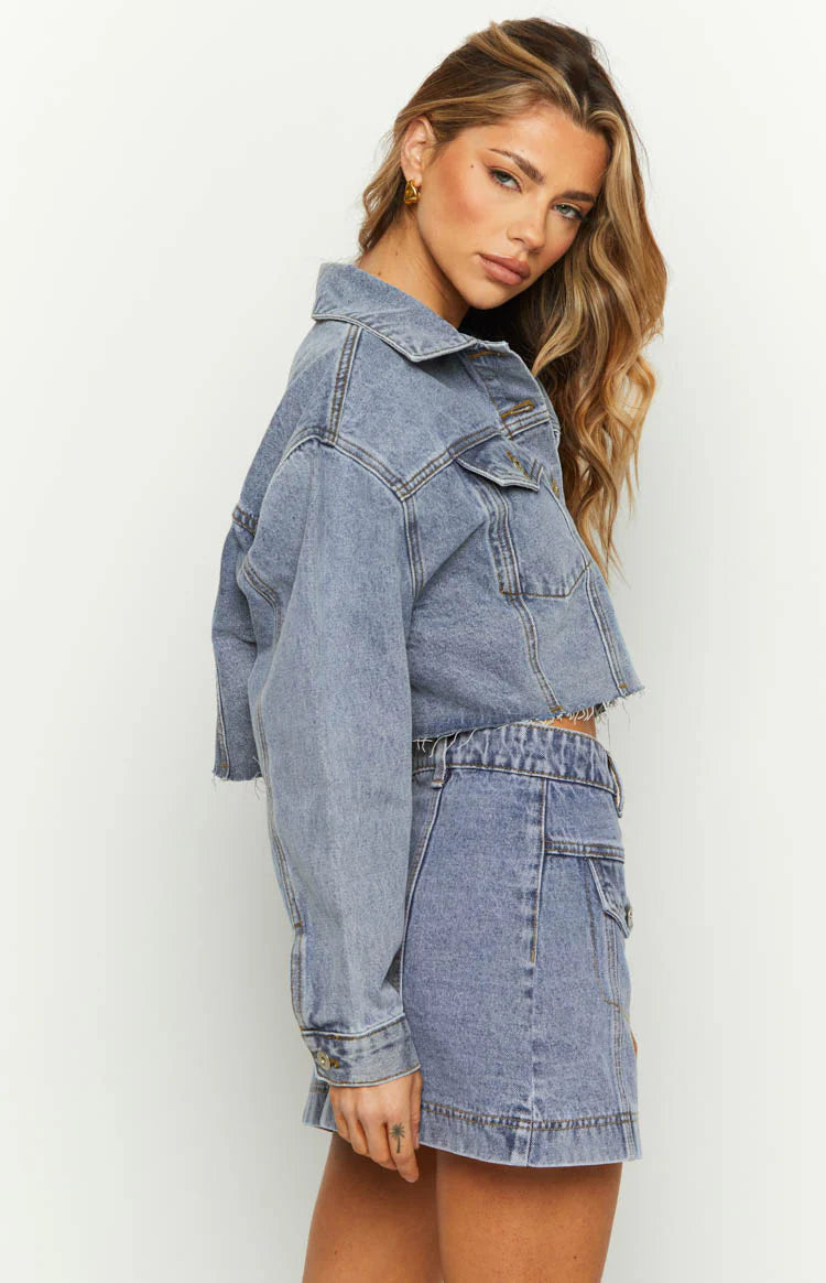 Helena Mid Wash Denim Cargo Mini Skirt - US 6