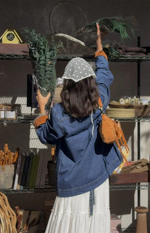 Beginning Boutique Hendrick Mid Wash Denim Cord Trim Oversized Jacket mid wash blue denim oversized jacket with tan cord trim on cuffs