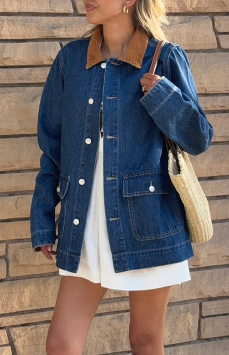 Hendrick Mid Wash Denim Cord Trim Oversized Jacket Image
