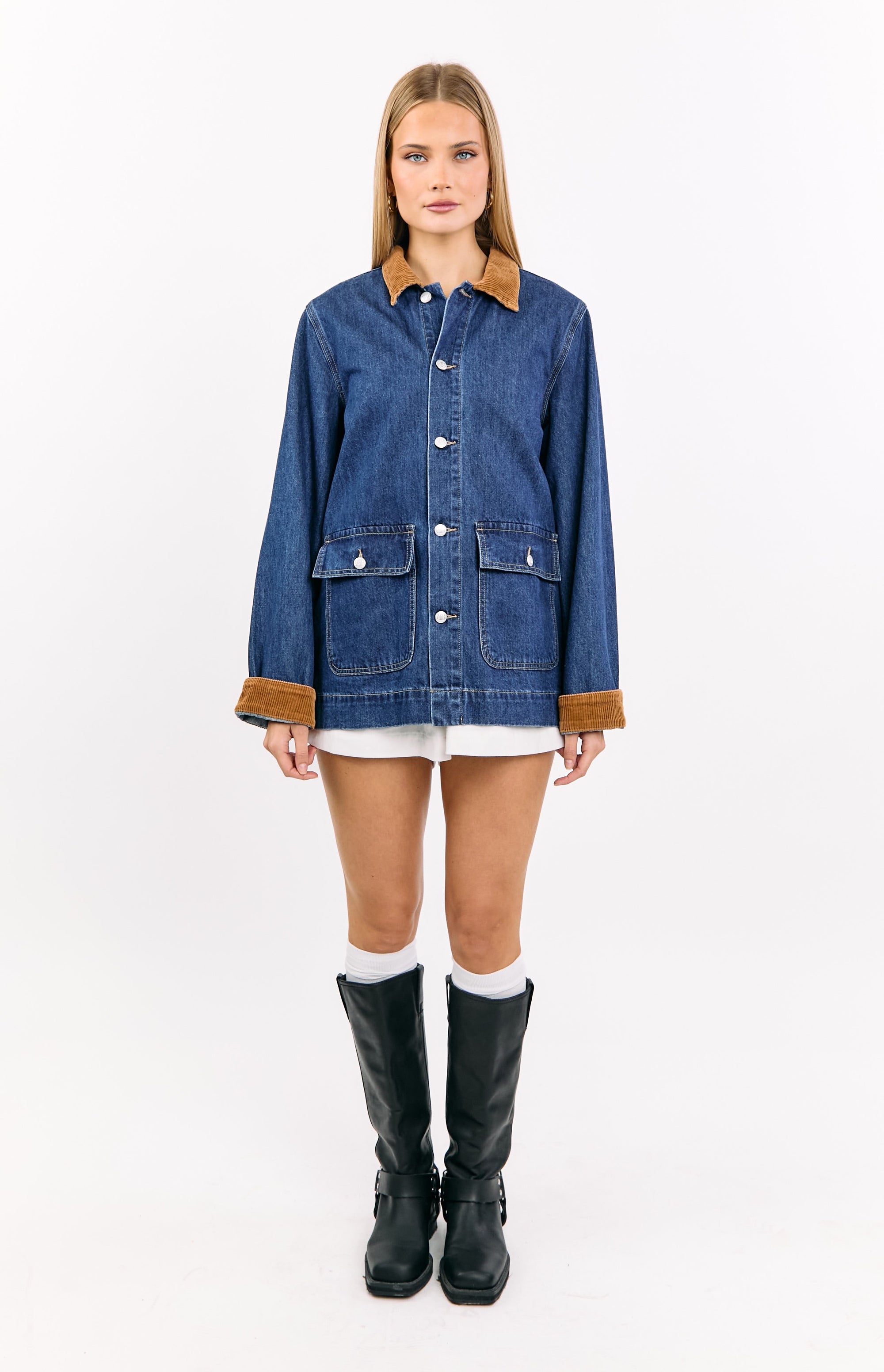 Hendrick Mid Wash Denim Cord Trim Oversized Jacket Image