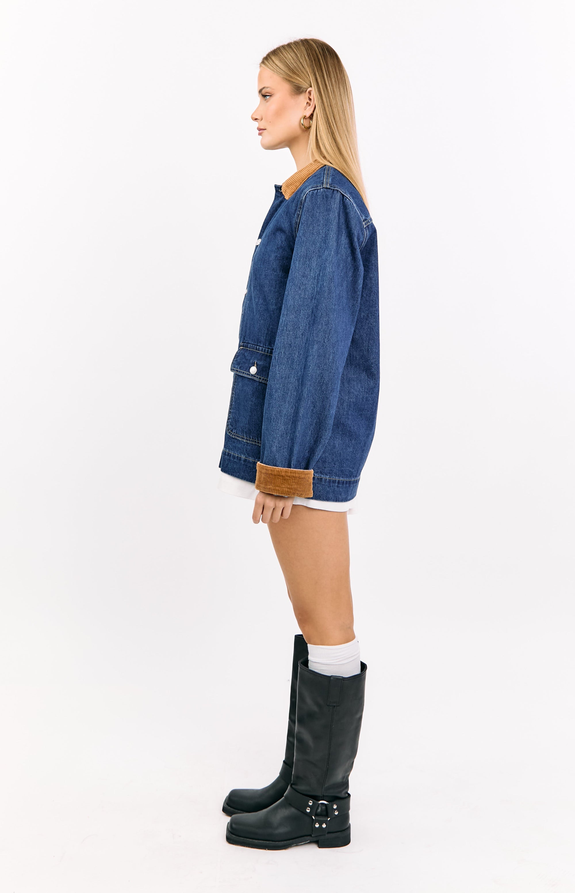 Hendrick Mid Wash Denim Cord Trim Oversized Jacket Image