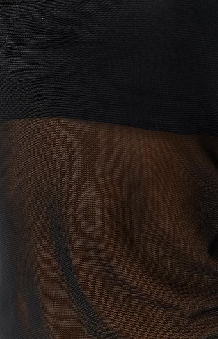 Black bandeau top with a solid bust and sheer mesh midriff