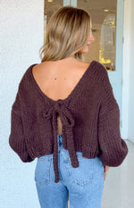 Beginning Boutique Holiday Chocolate Brown Tie Up Knit Cardigan chocolate brown chunky knit cropped cardigan with V-back tie
