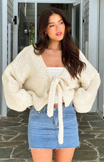 Cream chunky knit cardigan with a front tie closure, long sleeves, and a relaxed cropped fit