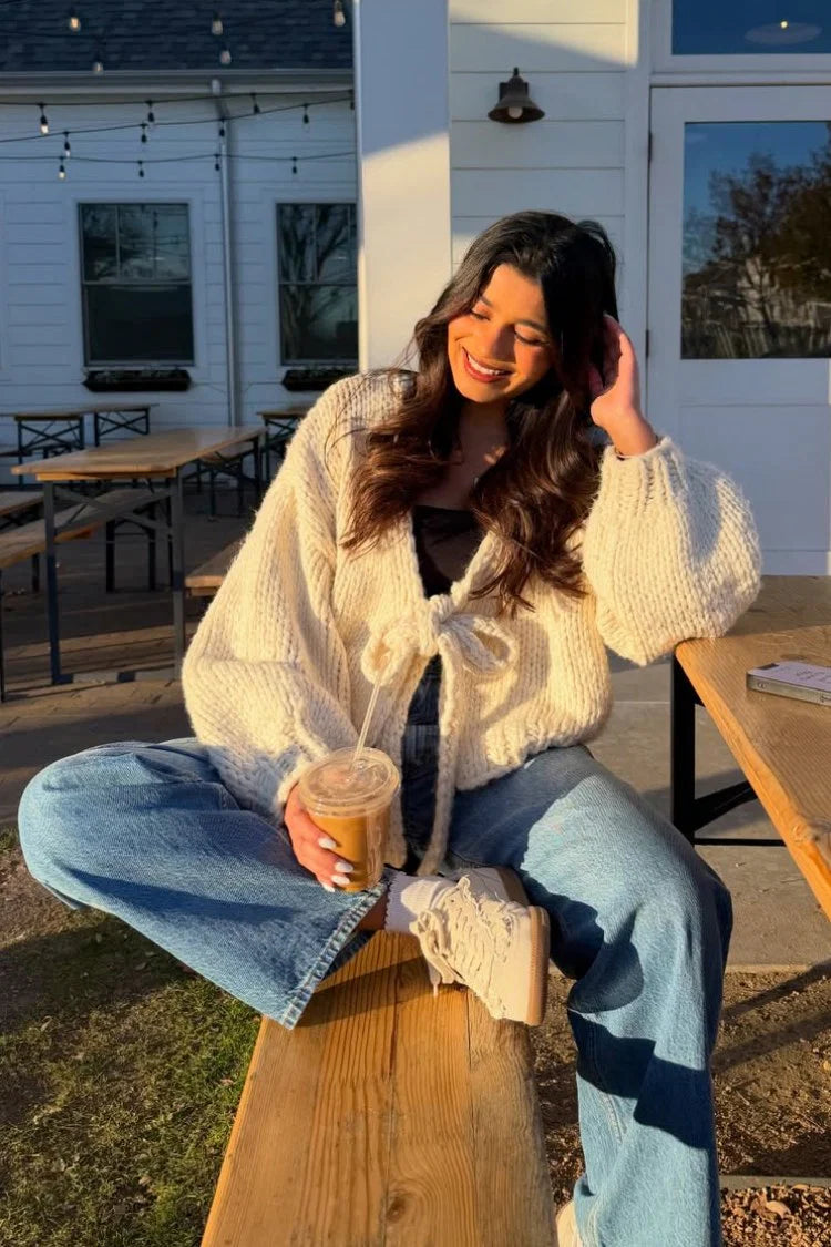 Holiday Cream Tie Up Knit Cardigan