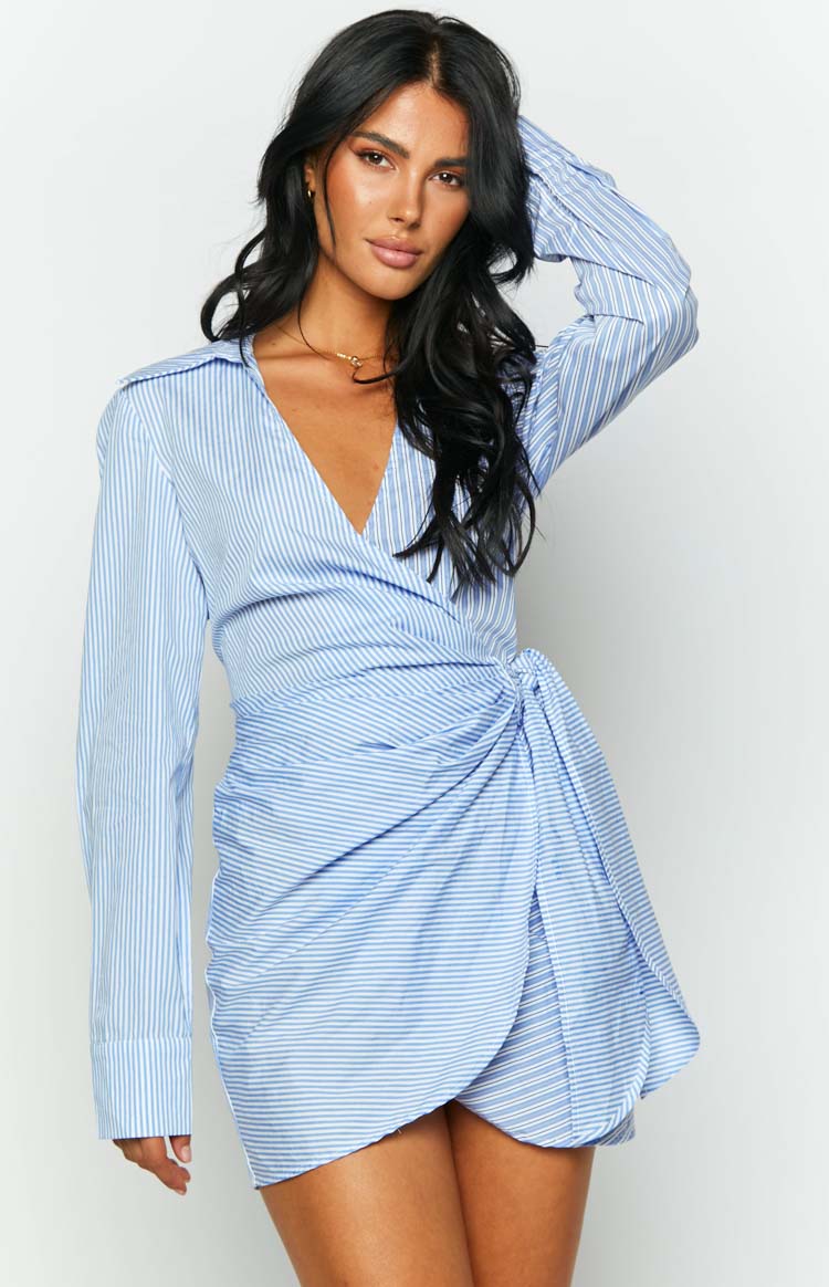 Holly Blue Stripe Tie Up Shirt Mini Dress - US 0 | Beginning Boutique Exclusive Holly Blue Stripe Tie Up Shirt Mini Dress - US 0 | Beginning Boutique Exclusive