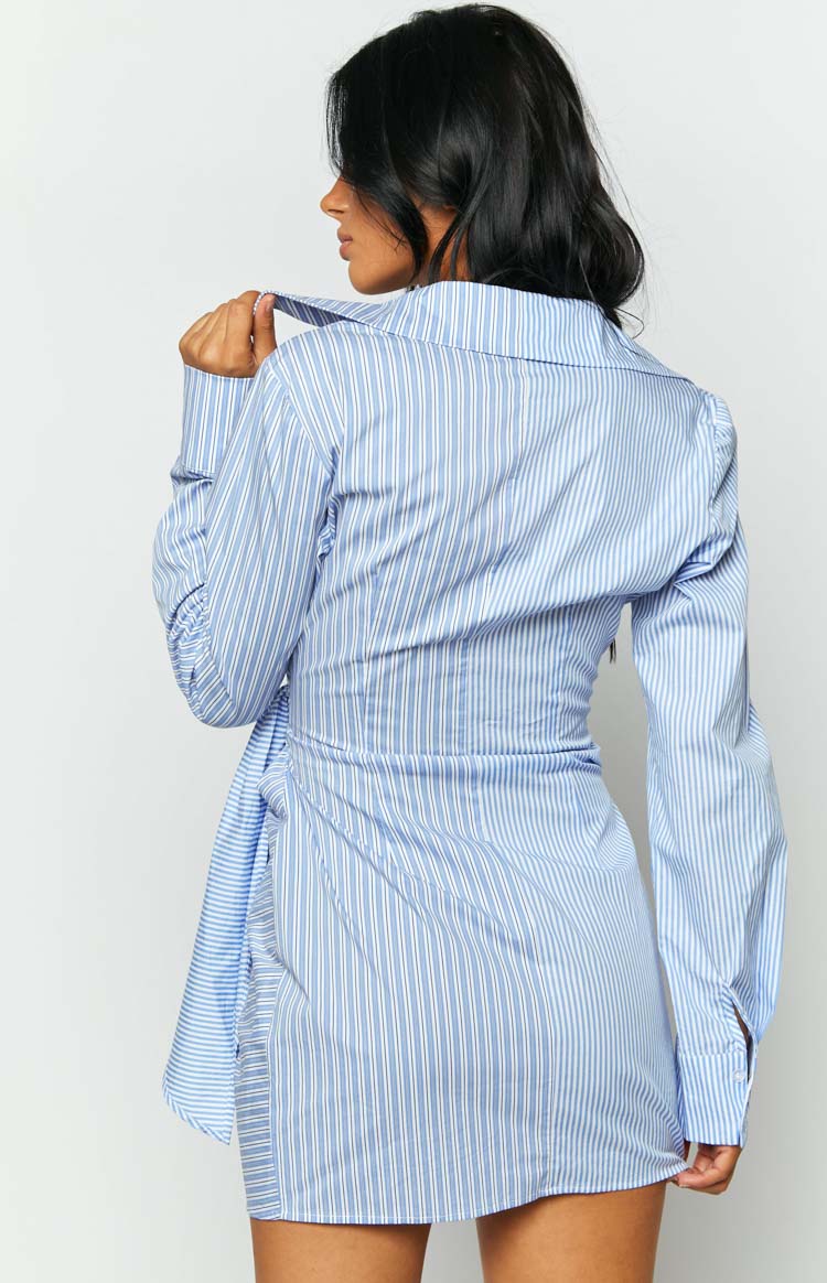 Holly Blue Stripe Tie Up Shirt Mini Dress - US 0 | Beginning Boutique exclusive Holly Blue Stripe Tie Up Shirt Mini Dress - US 0 | Beginning Boutique exclusive