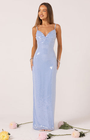 Beginning Boutique Honey Blue Sequin Maxi Dress light blue sequin sweetheart neckline maxi dress with thin spaghetti straps