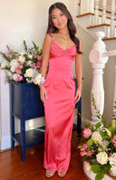 Beginning Boutique Honey Pink Maxi Dress honey pink satin maxi with ruched sweetheart neckline and side slit