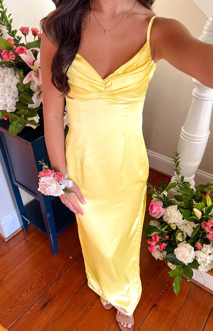 Honey Couture Neon Yellow Formal Dresses Ladivine 7493 Elegant A-line Satin Gown With Leg Slit Honey Couture Neon Yellow Formal Dresses Ladivine 7493 Elegant A-line Satin Gown With Leg Slit
