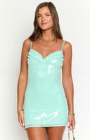 Beginning Boutique Honey Aqua Sequin Mini Dress aqua sequin sweetheart neckline ruched bust bodycon mini dress with spaghetti straps