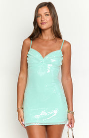Aqua sequin mini dress with sweetheart neckline and twisted bust detail