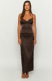 Front view of a dark brown satin maxi dress featuring a ruched sweetheart neckline and thin spaghetti straps