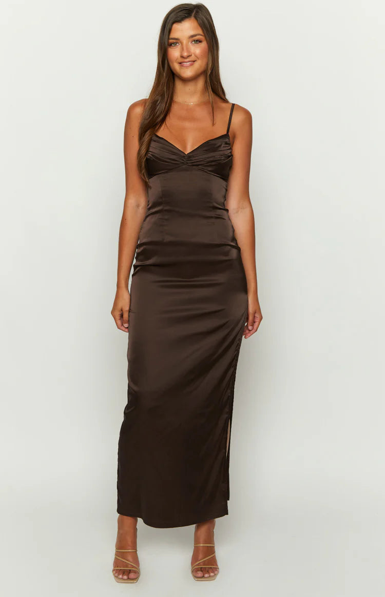 Front view of a chocolate brown satin maxi dress with a ruched sweetheart neckline and high side slit