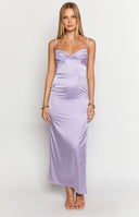 Beginning Boutique Honey Lilac Maxi Dress lilac satin ruched sweetheart neckline maxi dress with spaghetti straps