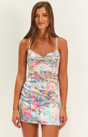 Beginning Boutique Honey Pink Floral Print Mini Dress fitted mini dress with ruched sweetheart neckline and thin straps
