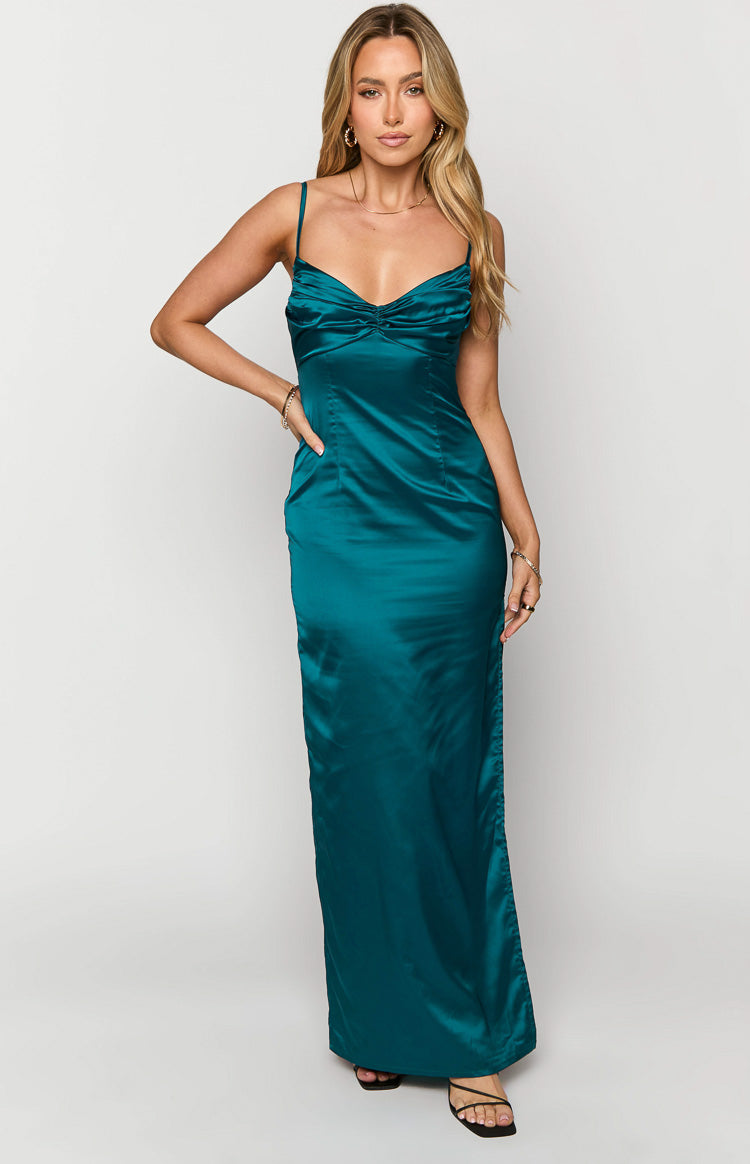 Teal satin maxi dress with a sweetheart neckline, ruched bust detail, and thin spaghetti straps