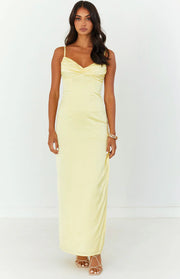 Honey yellow maxi dress with a ruched V-neck bodice, thin spaghetti straps, and a gathered side seam detail
