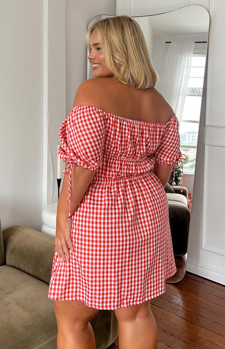 red check mini dress Red Check Frayed Knit Mini Dress