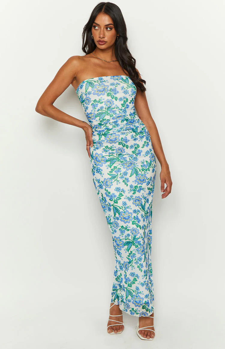 Imogen Blue Floral Strapless Maxi Dress | Beginning Boutique US Imogen Blue Floral Strapless Maxi Dress | Beginning Boutique US