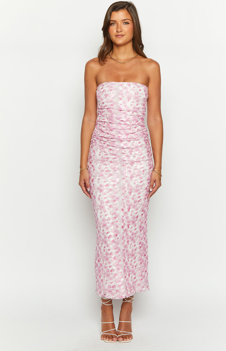 pink floral strapless maxi dress Light Pink Floral Strapless Ruffle Front Maxi Dress Medium