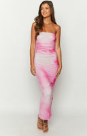 Beginning Boutique Imogen Pink Print Strapless Maxi Dress pink and white tie-dye strapless bodycon maxi dress with side ruching