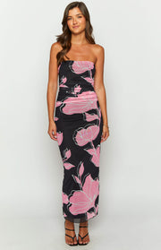 Black strapless maxi dress with large pink floral print and ruched detailing on the bodice