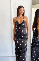 Beginning Boutique Inara Black Polka Dot Ruffle Maxi Dress black white polka dot satin V-neck maxi dress with tiered sheer ru