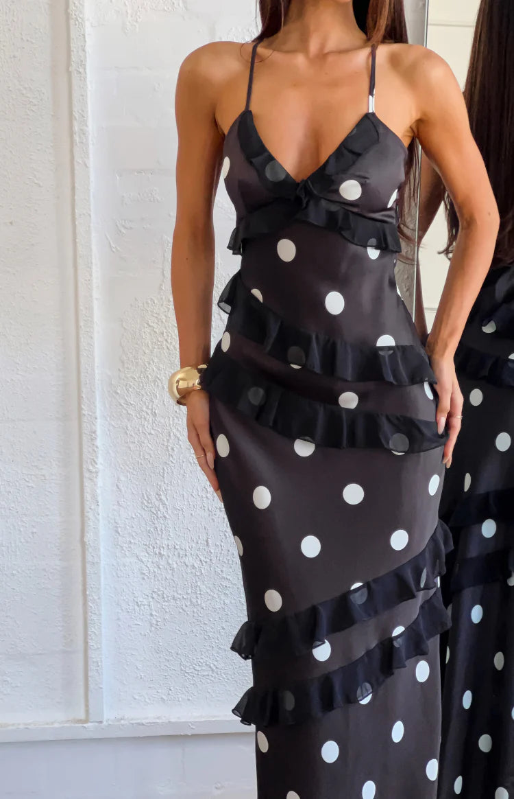 Inara Black Polka Dot Ruffle Maxi Dress