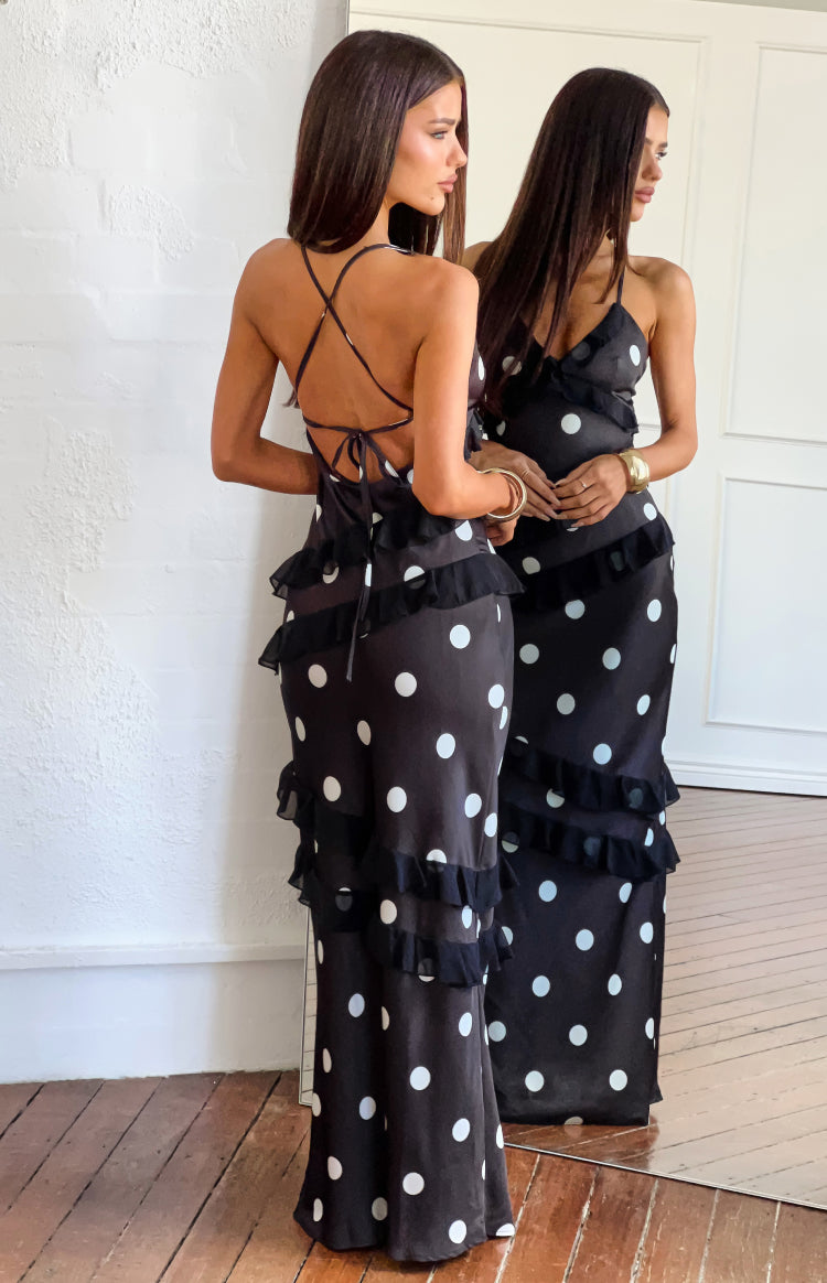 black and white dress with ruffles Inara Polka Dot Ruffle Maxi - US 2 Long A-Line Halter Prom Fit:M0410323 perfect for parties Size:42 - 36 WAIST
