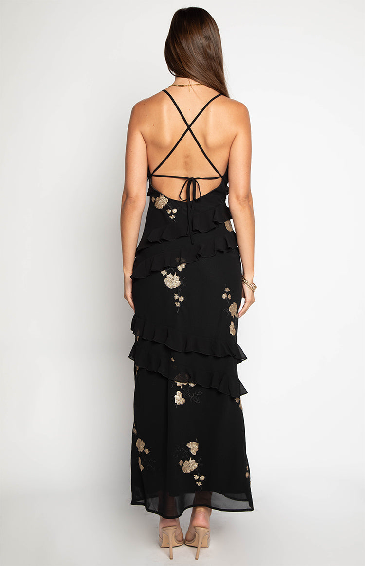 Inara Black Sequin Ruffle Maxi Dress Inara Black Sequin Ruffle Maxi Dress