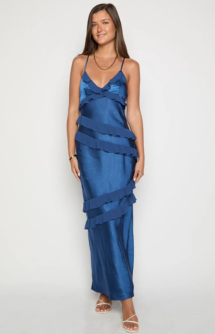 ruffle v neck maxi dress in navy The Vesta | Navy Formal Evening Dress Mermaid V-Neck Maxi Dress with Ruffle