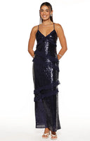 Inara Navy Sequin Ruffle Maxi Dress
