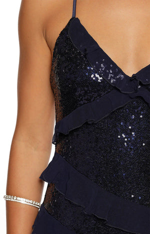 Inara Navy Sequin Ruffle Maxi Dress
