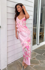 Inara Pink Floral Print Ruffle Prom Dress Image