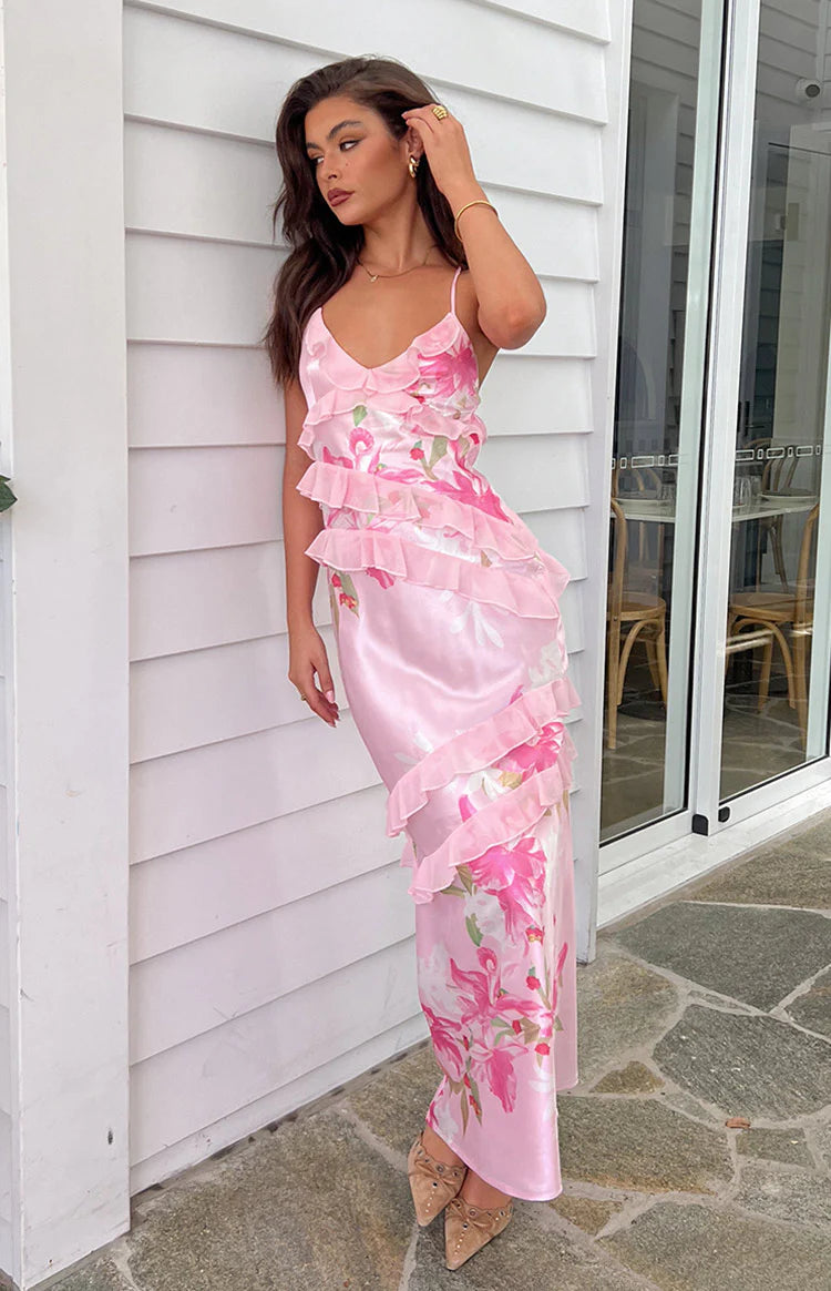 Inara Pink Floral Print Ruffle Prom Dress | Beginning Boutique US Inara Pink Floral Print Ruffle Prom Dress | Beginning Boutique US