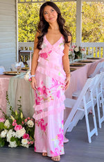 Full length pink floral print maxi dress with tiered ruffles and V-neck