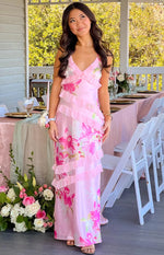 Inara Pink Floral Print Ruffle Prom Dress Image