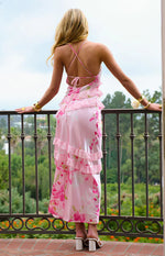 Inara Pink Floral Print Ruffle Prom Dress Image