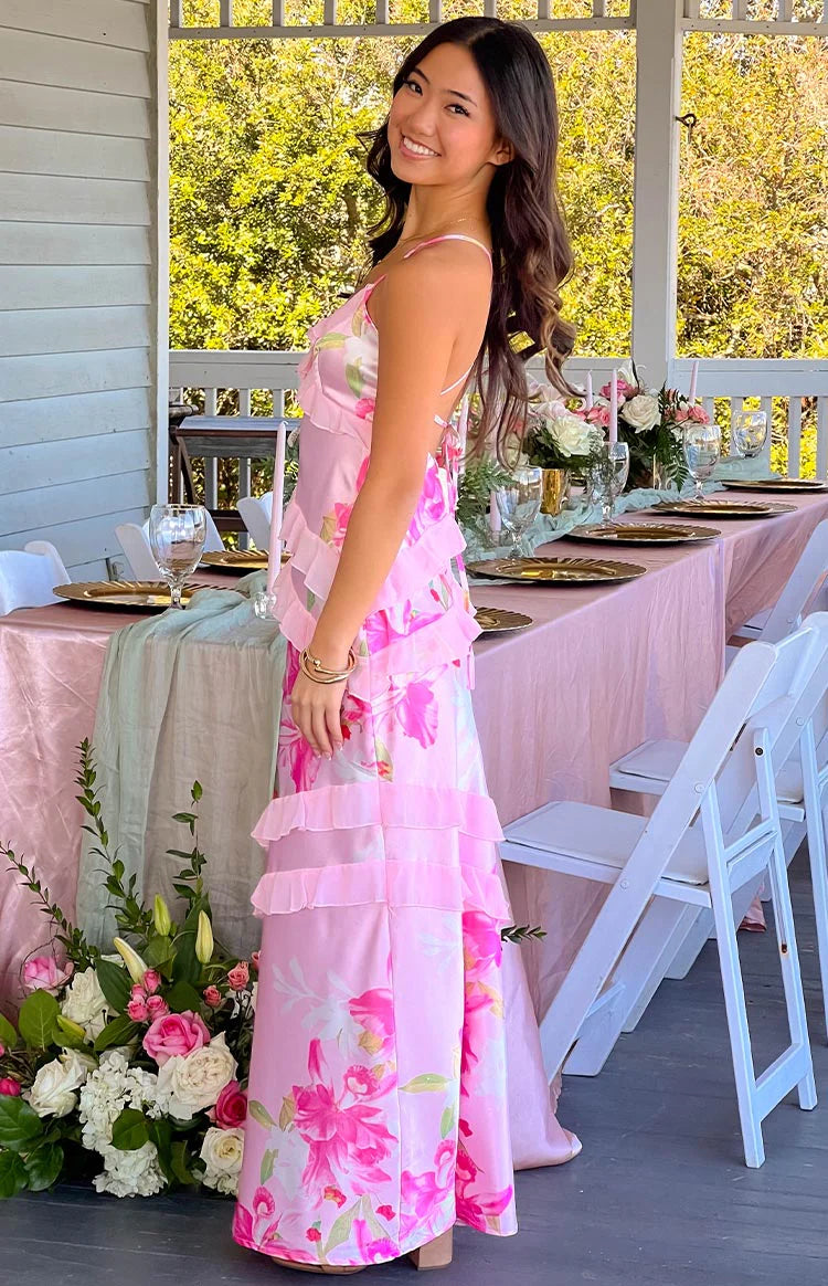 Inara Pink Floral Print Ruffle Prom Dress