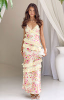 Beginning Boutique Inara Yellow Bloom Ruffle Maxi Dress yellow floral print V-neck maxi dress with tiered ruffles and spaghet